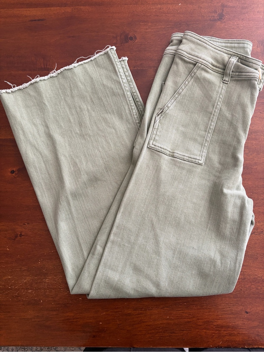 Frayed Hem Miou Muse wide Leg Jeans in Light Olive